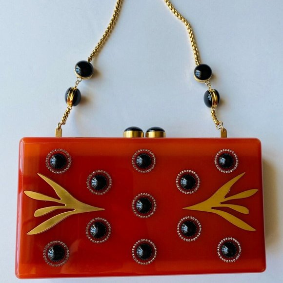 Thalé Blanc Handbags - RARE Thalé Blanc Women's Red with Black Pearls Morning Dew Luxe Clutch ($2500)